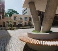 Courtyard seating area with sculpture