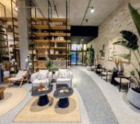 Lobby lounge with shelving plants