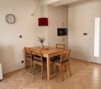 Dining area with herringbone floor