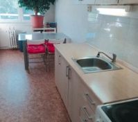 Kitchen with dining table and sink