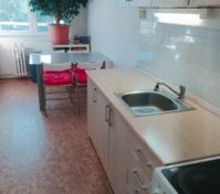 Kitchen with dining table and sink