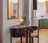 Antique desk mirror kitchen view