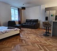 This is what is looks like when you enter the apartment.  180 cm double bed to the left.  The dark chair folds out to be a bed.  Kitchen in the right far corner