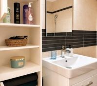 Bathroom vanity with storage shelves