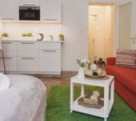 Open studio with kitchen and sofa