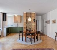 Green kitchen dining room open plan