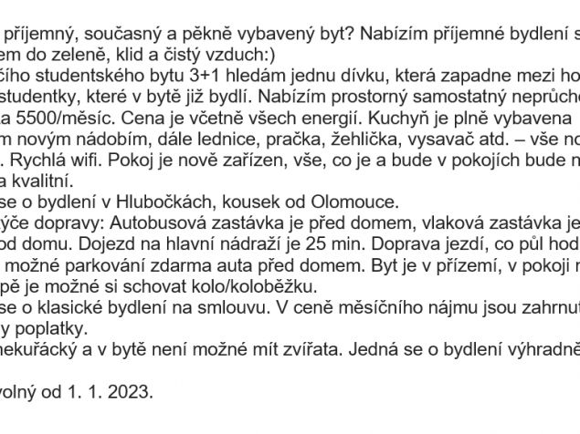 Pronájem pokoje Hlubočky