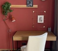 Bedroom desk workspace red wall