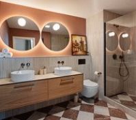 Elegant bathroom double sinks round mirrors