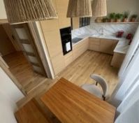 Modern wood kitchen overhead view