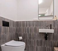 Modern toilet with tiled walls