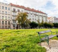 Park bench with building facade view