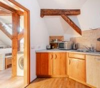 dish-washer is built into cabinet (lighter door). the kitchen has all what's needed: blender, pans, plates, cups, knives, cutlery, etc  (all nicely hidden in the cabinets). 