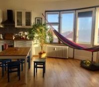 The sunny living room and kitchen area 