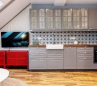 Gray kitchen with patterned tile backsplash
