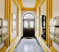 Building entrance hallway with mailboxes