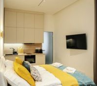 Kitchenette and bed with TV