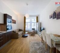 Living room with sofa bed and kitchen