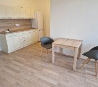 Kitchen, fridge with freezer and kitchen table with 2 chairs