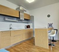 Kitchen with wood cabinets and bar