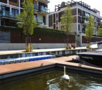 Waterfront marina with swan building