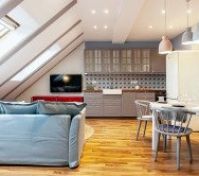 Living kitchen with skylights and sofa