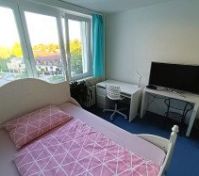 Bedroom with bed desk and TV
