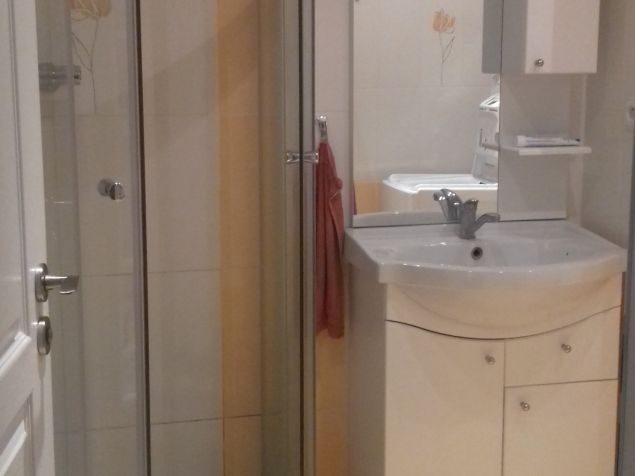 Kúpeľňa v peknom stave so sprchovým kútom, záchodom a umývadlom. 