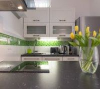Kitchen counter with kettle and tulips