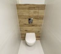 Modern toilet with wood tile wall