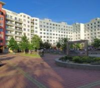 Neighborhood square with apartment buildings