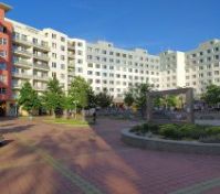 Neighborhood square with apartment buildings