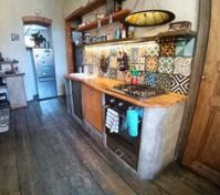 Bohemian kitchen with patterned tiles