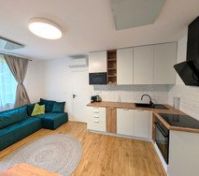 Living room with sofa and kitchen