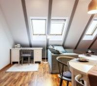 Open living area with desk workspace