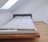 Bedroom with platform bed under skylight