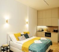 Bright studio bed and kitchen