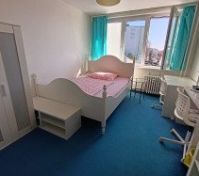 Bedroom with wardrobe and blue carpet