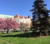 Nearby park with historic buildings
